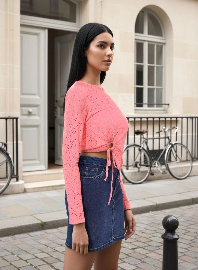Freehand Women Regular Fit Textured Boat Neck Full Sleeves Asymmetric Top